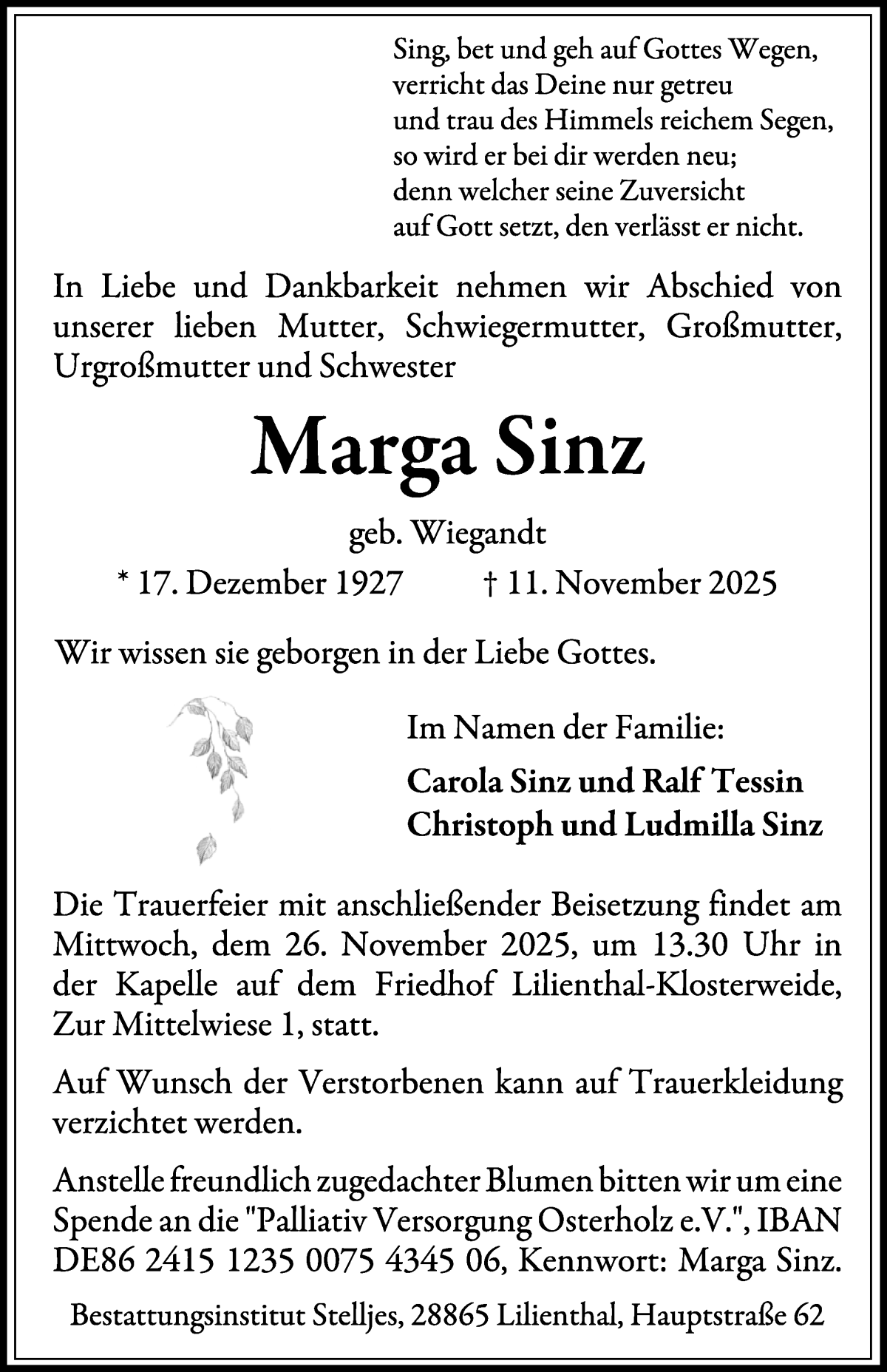 Traueranzeige von Marga Sinz von Wuemme Zeitung