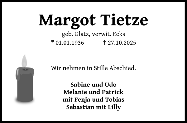 Traueranzeige von Margot Tietze von Die Norddeutsche