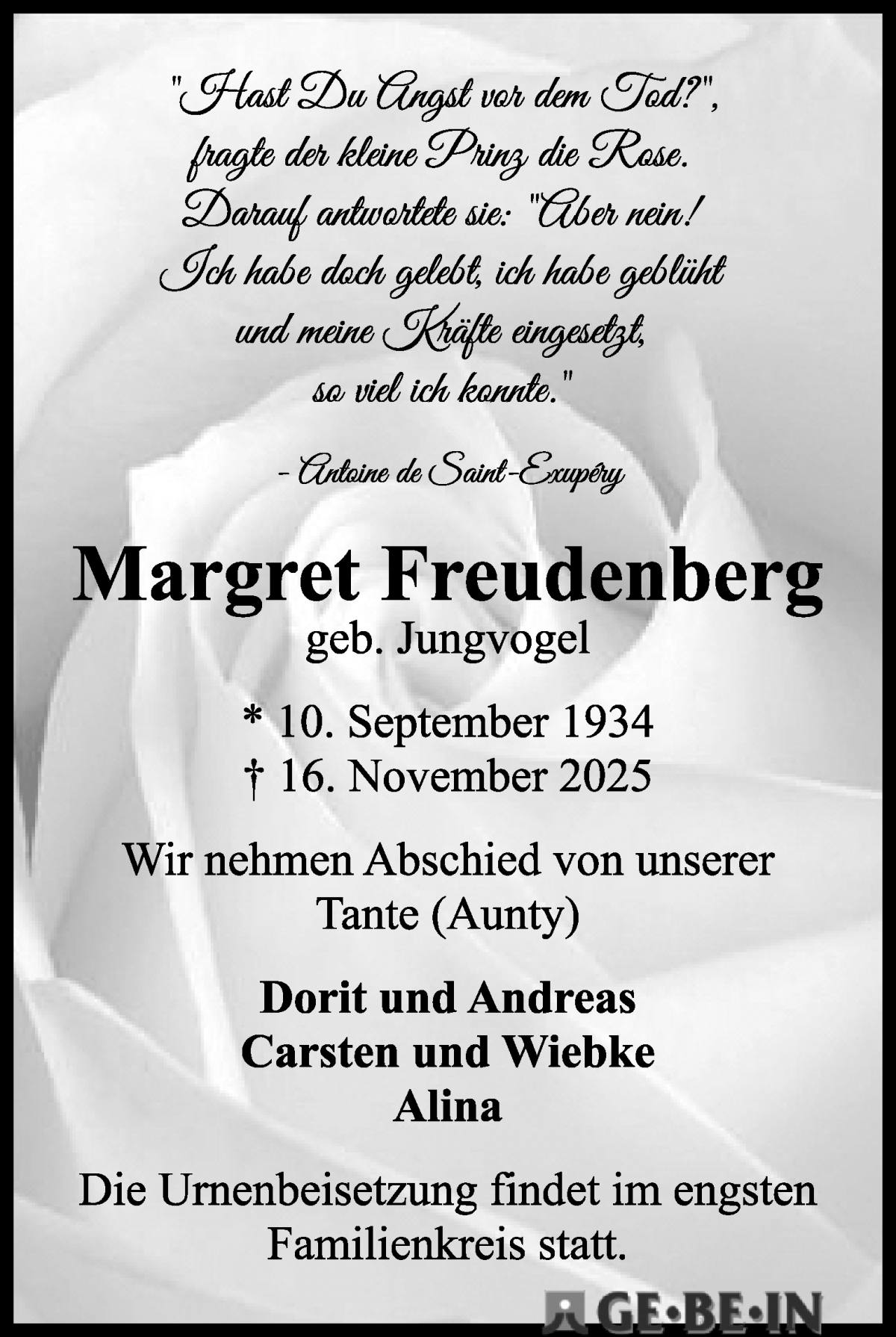 Traueranzeige von Margret Freudenberg von WESER-KURIER