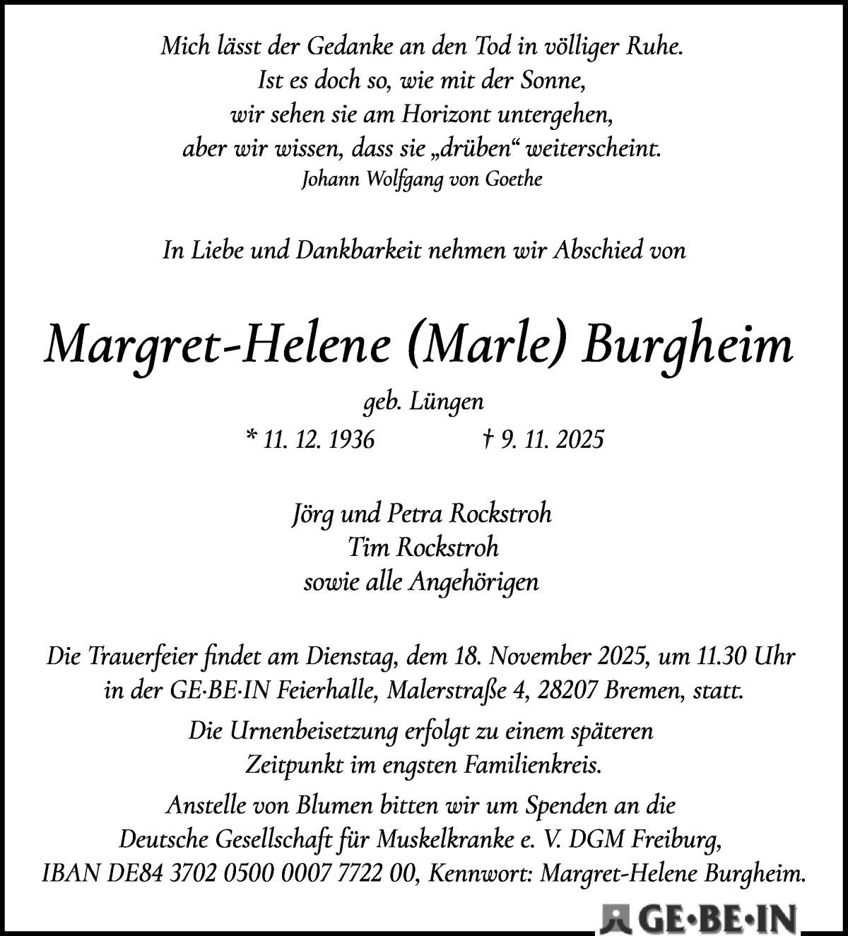  Traueranzeige für Margret-Helene Burgheim vom 15.11.2025 aus WESER-KURIER