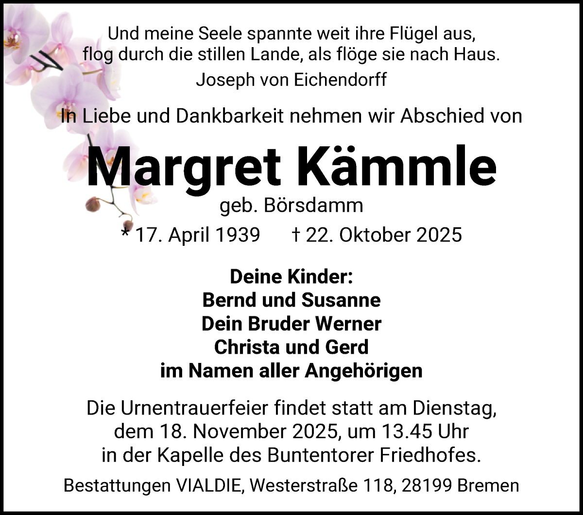 Traueranzeige von Margret Kämmle von WESER-KURIER
