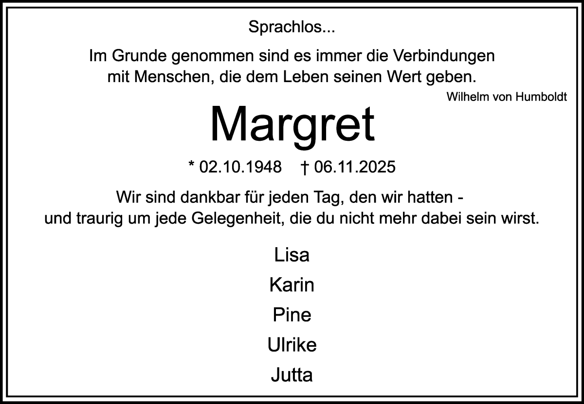 Traueranzeige von Margret Krusch von Osterholzer Kreisblatt