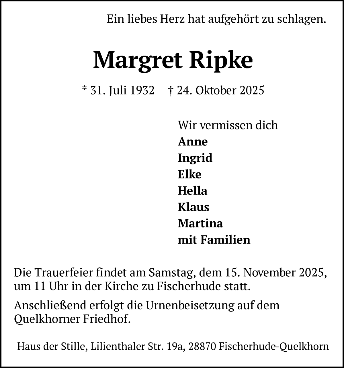 Traueranzeige von Margret Ripke von Achimer Kurier/Verdener Nachrichten
