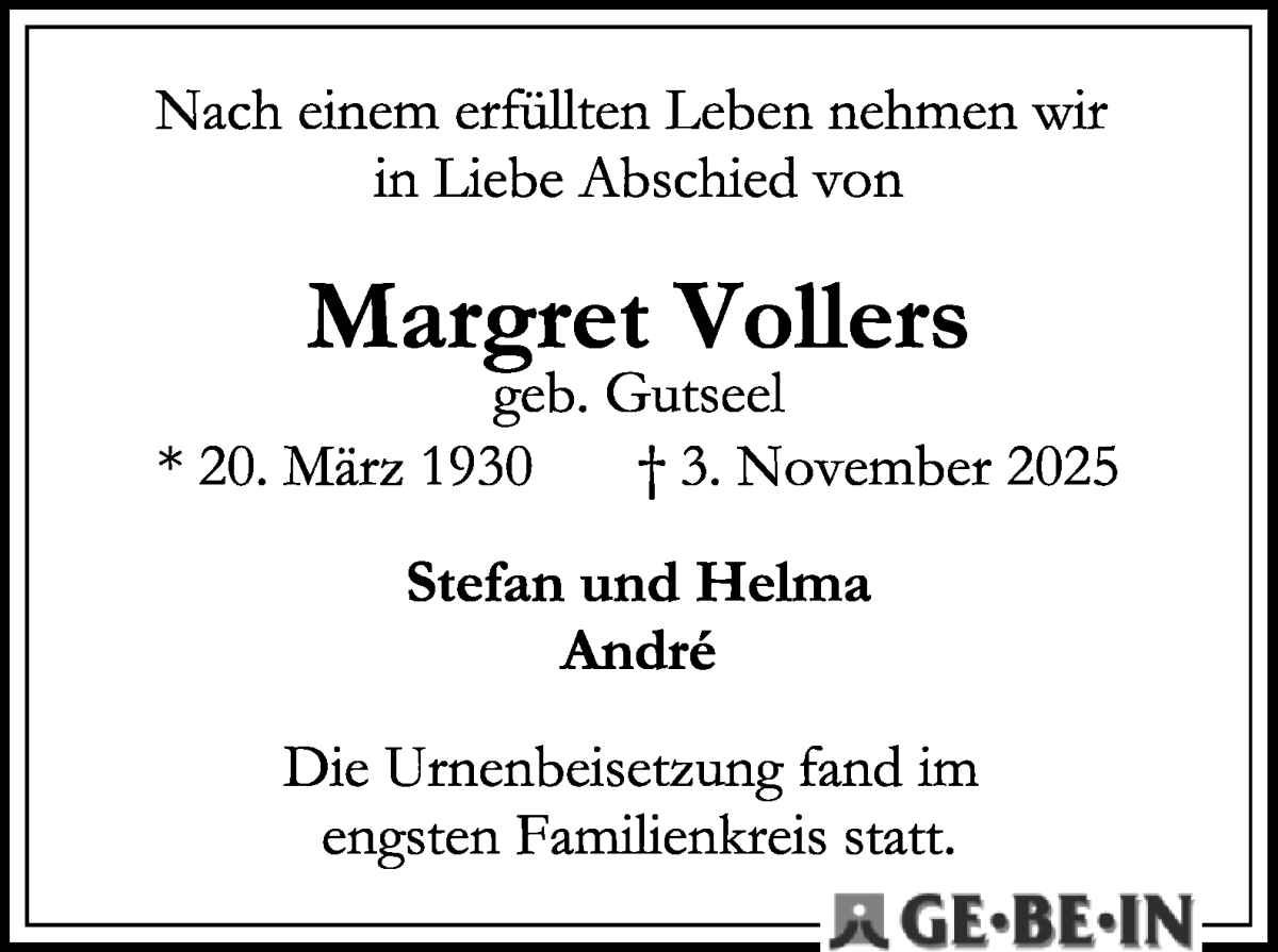 Traueranzeige von Margret Vollers von WESER-KURIER