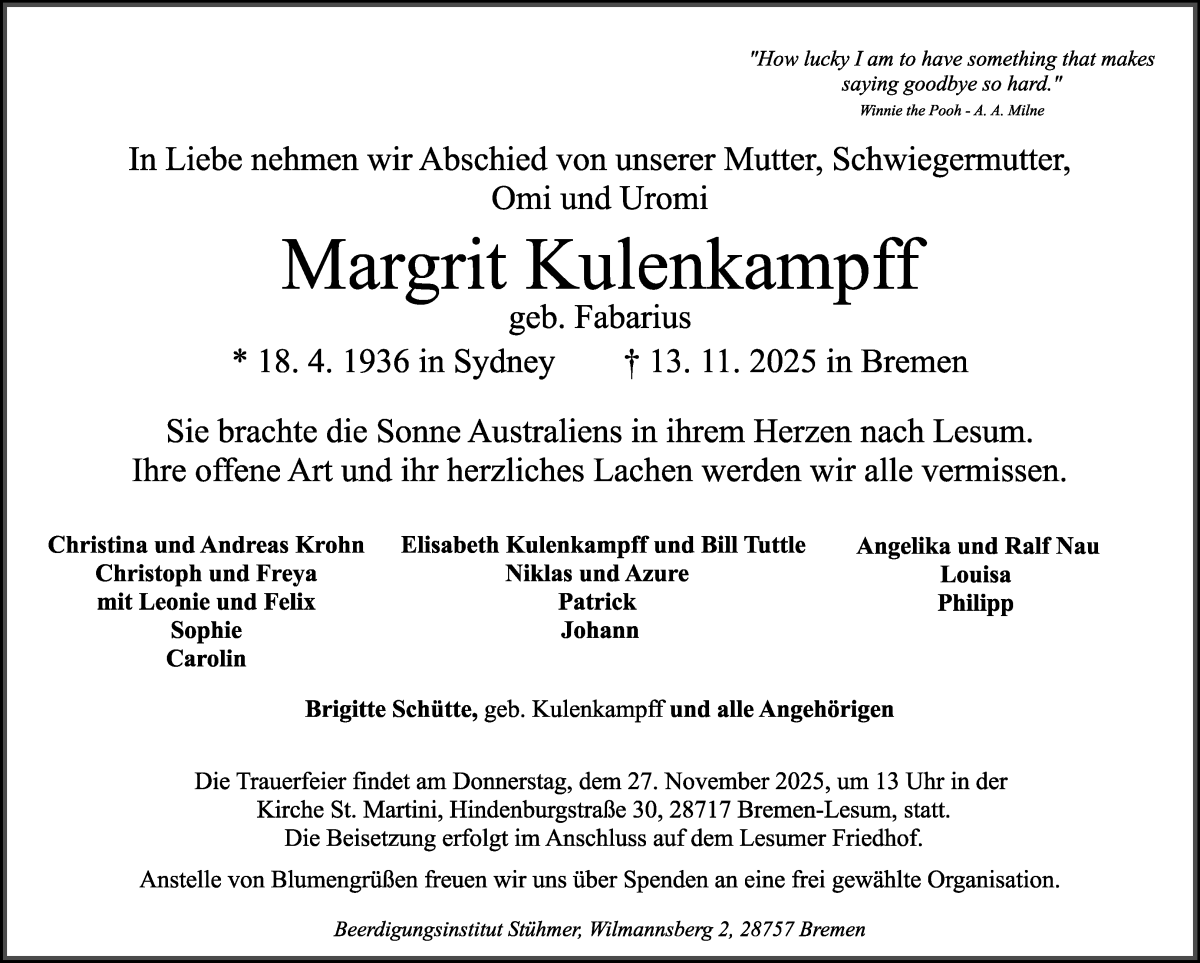 Traueranzeige von Margrit Kulenkampff von Die Norddeutsche