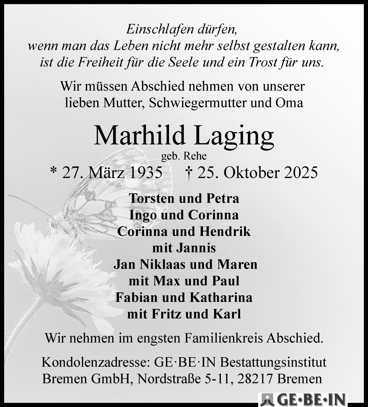 Traueranzeige von Marhild Laging von WESER-KURIER