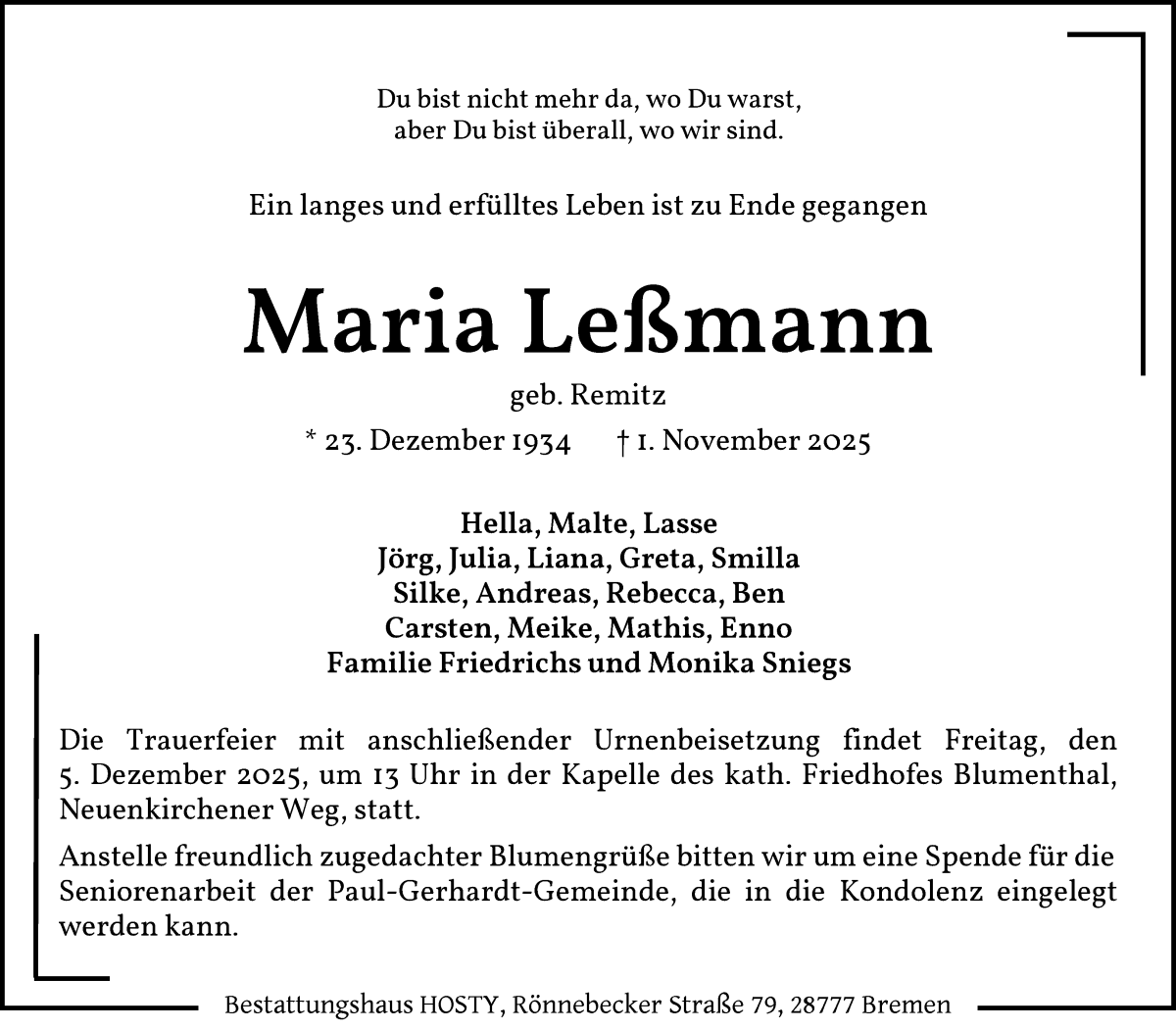 Traueranzeige von Maria Leßmann von Die Norddeutsche