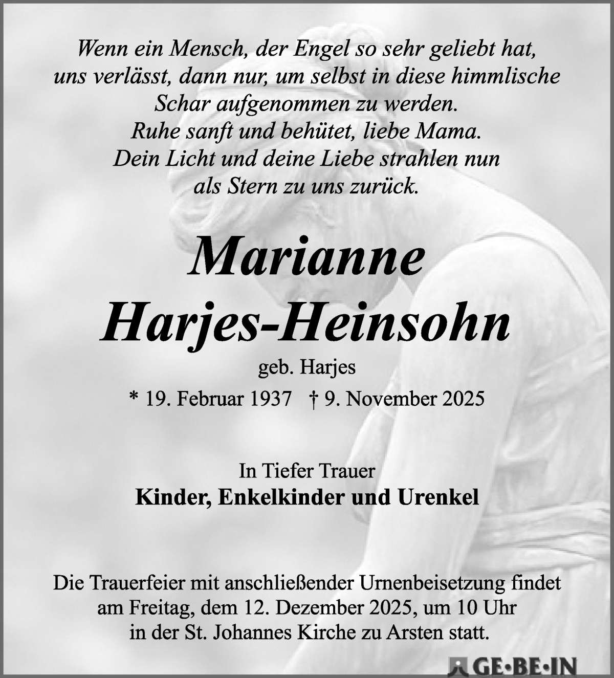  Traueranzeige für Marianne Harjes-Heinsohn vom 29.11.2025 aus WESER-KURIER