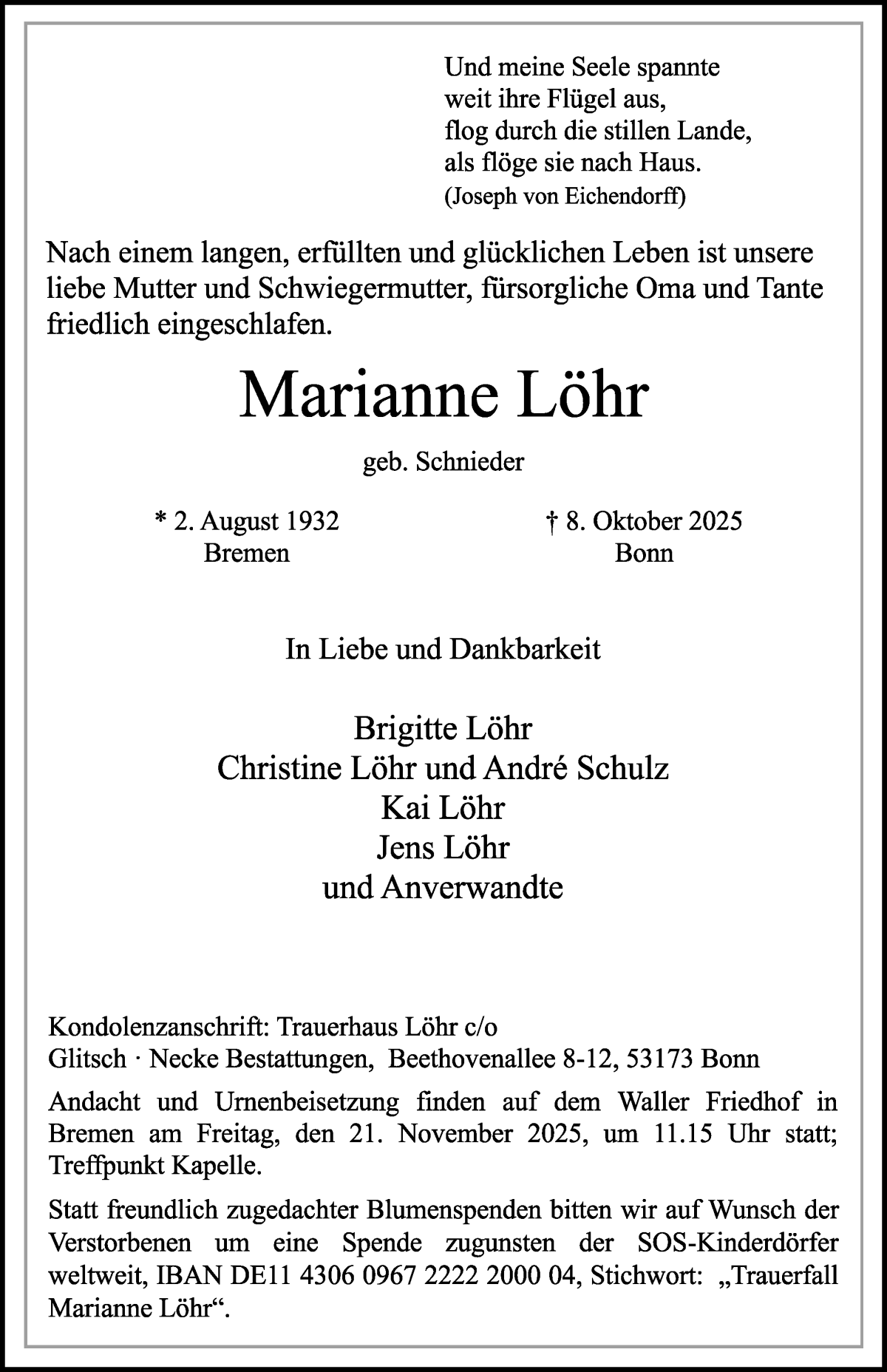 Traueranzeige von Marianne Löhr von WESER-KURIER