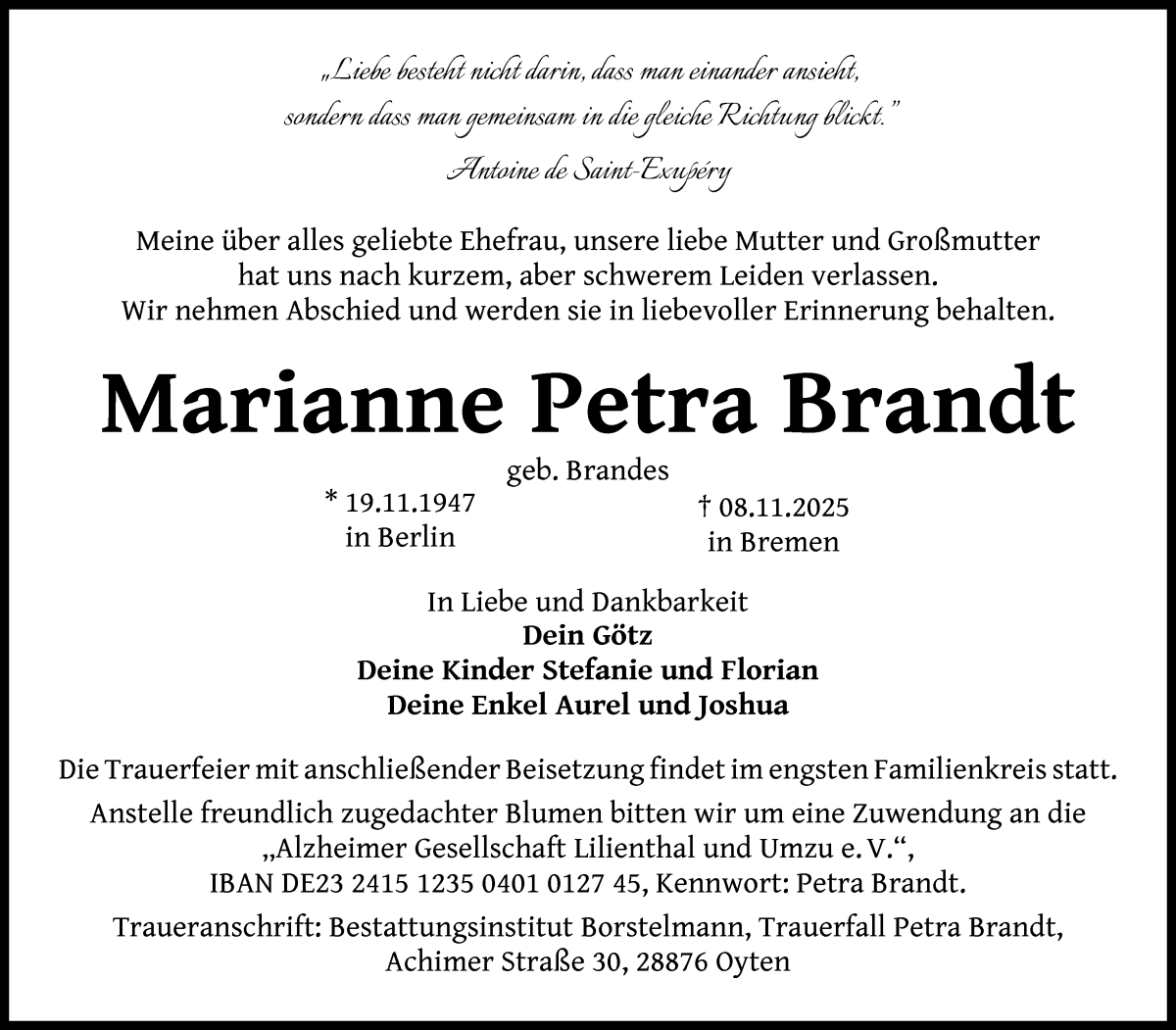 Traueranzeige von Marianne Petra Brandt von Achimer Kurier/Verdener Nachrichten