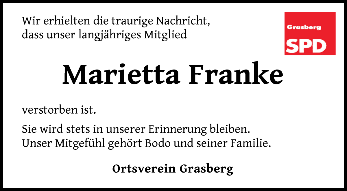 Traueranzeige von Marietta Franke von Wuemme Zeitung