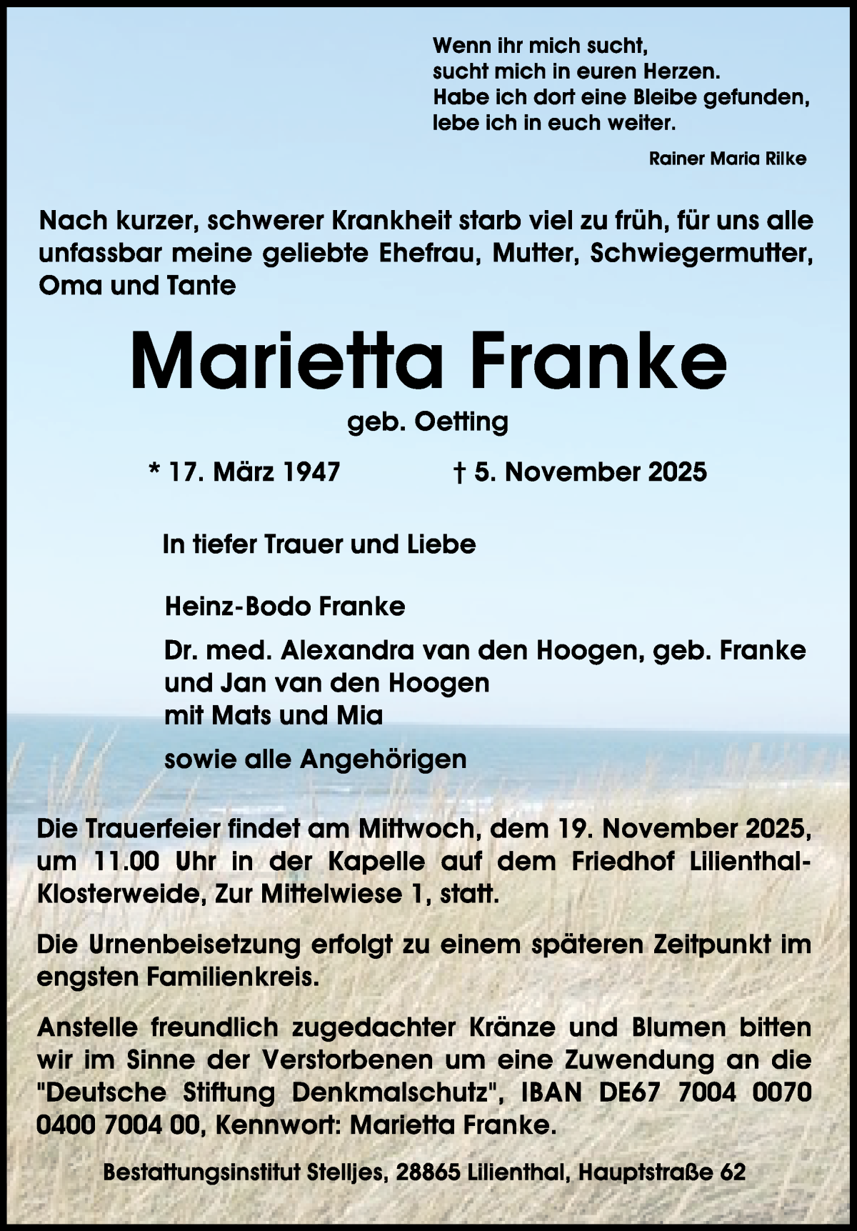 Traueranzeige von Marietta Franke von WESER-KURIER