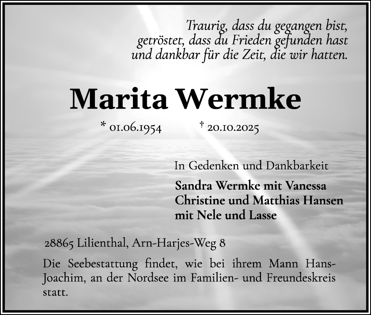 Traueranzeige von Marita Wermke von Wuemme Zeitung