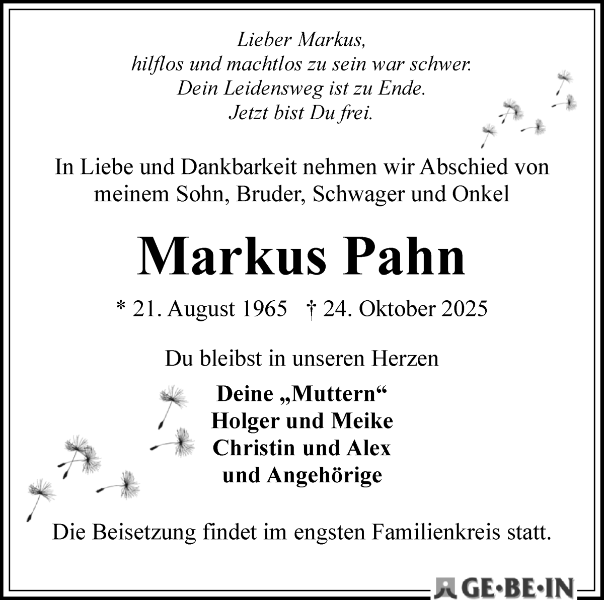 Traueranzeige von Markus Pahn von WESER-KURIER
