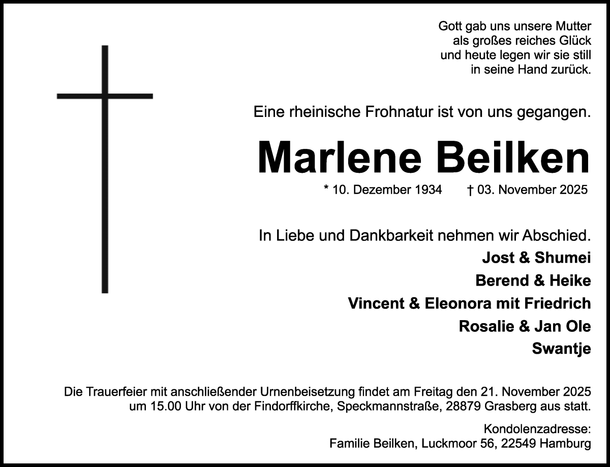 Traueranzeige von Marlene Beilken von Wuemme Zeitung