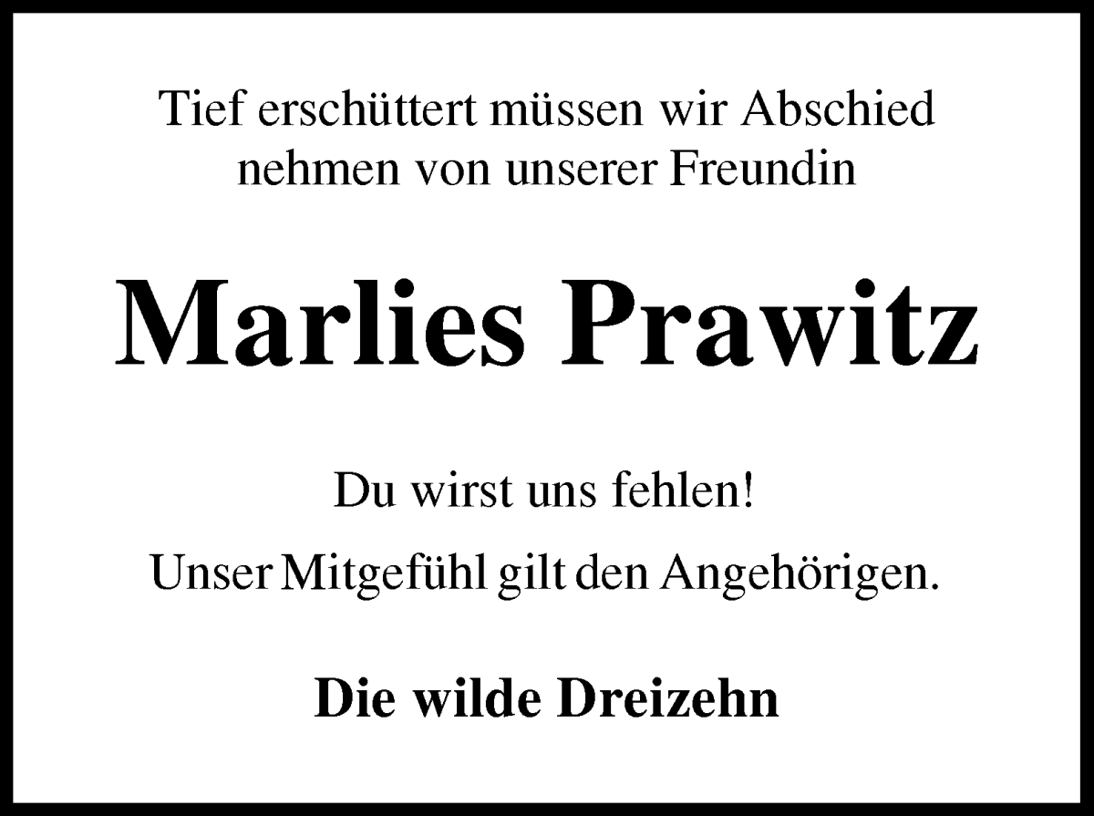 Traueranzeige von Marlies Prawitz von Osterholzer Kreisblatt