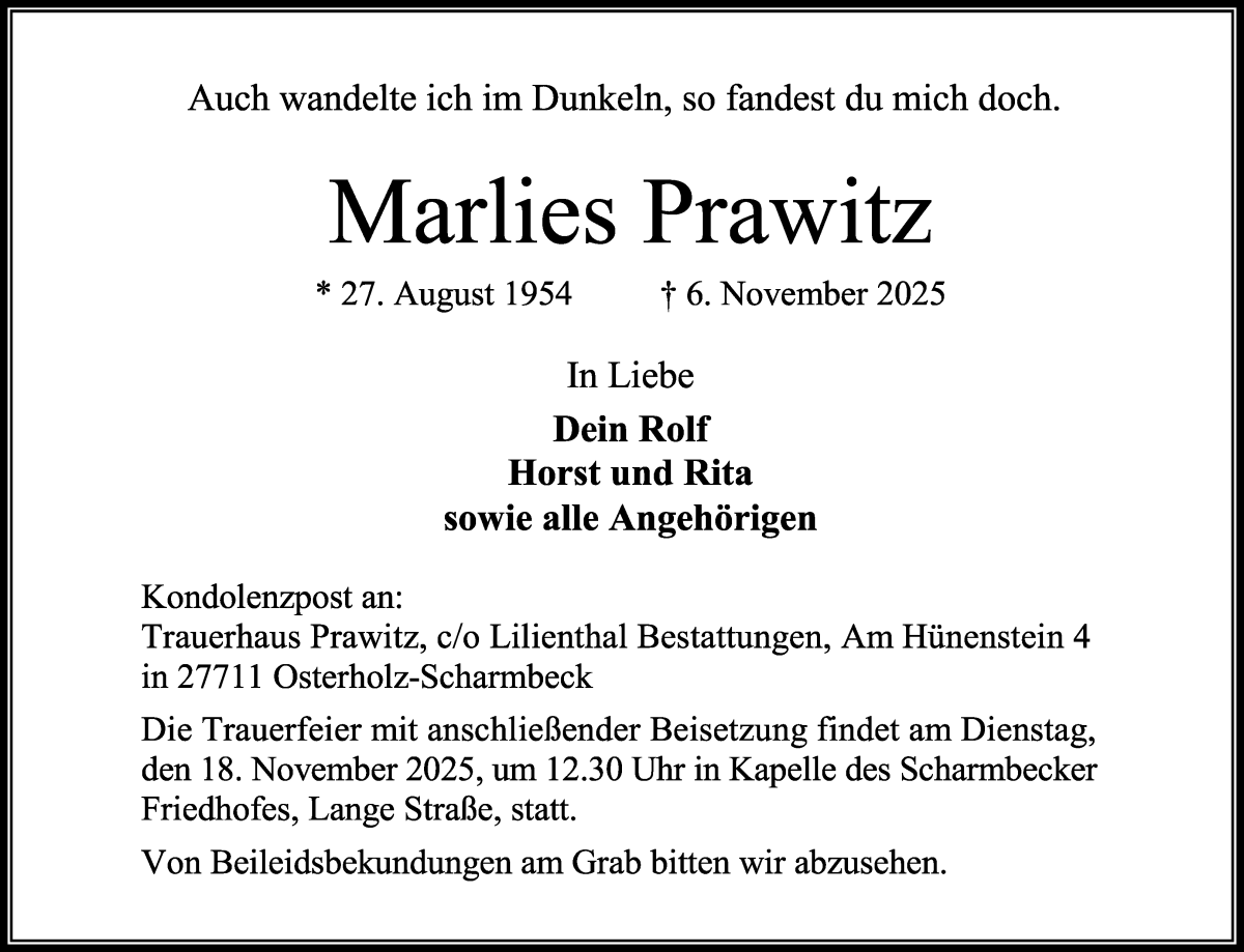 Traueranzeige von Marlies Prawitz von Osterholzer Kreisblatt