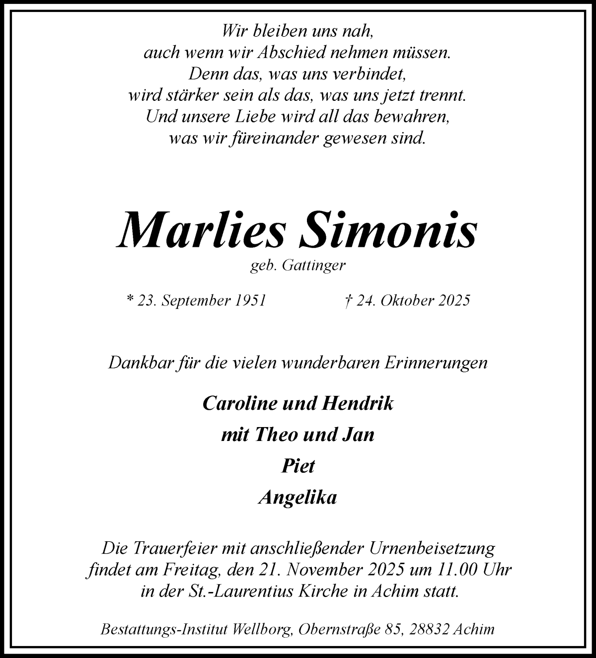  Traueranzeige für Marlies Simonis vom 08.11.2025 aus WESER-KURIER