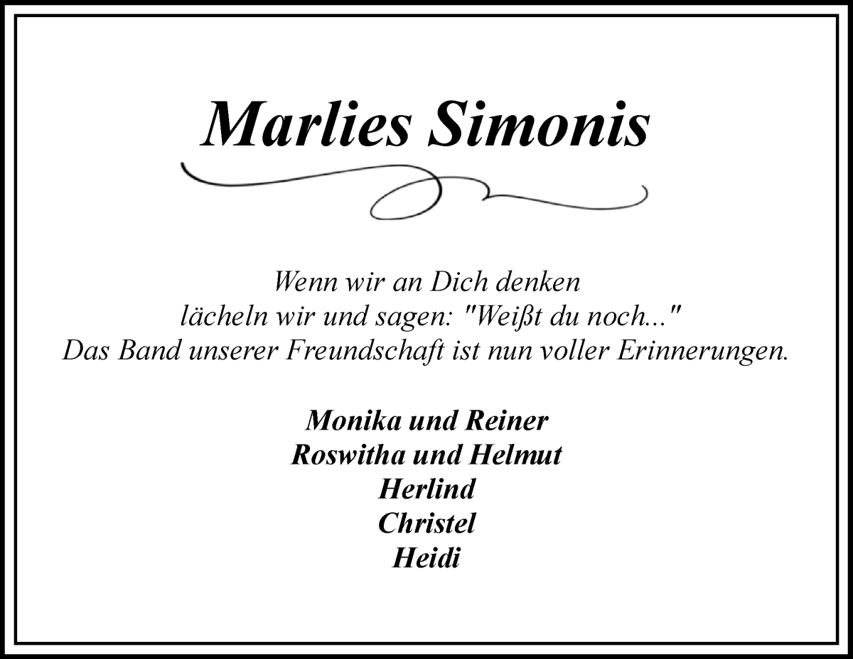  Traueranzeige für Marlies Simonis vom 08.11.2025 aus Achimer Kurier/Verdener Nachrichten