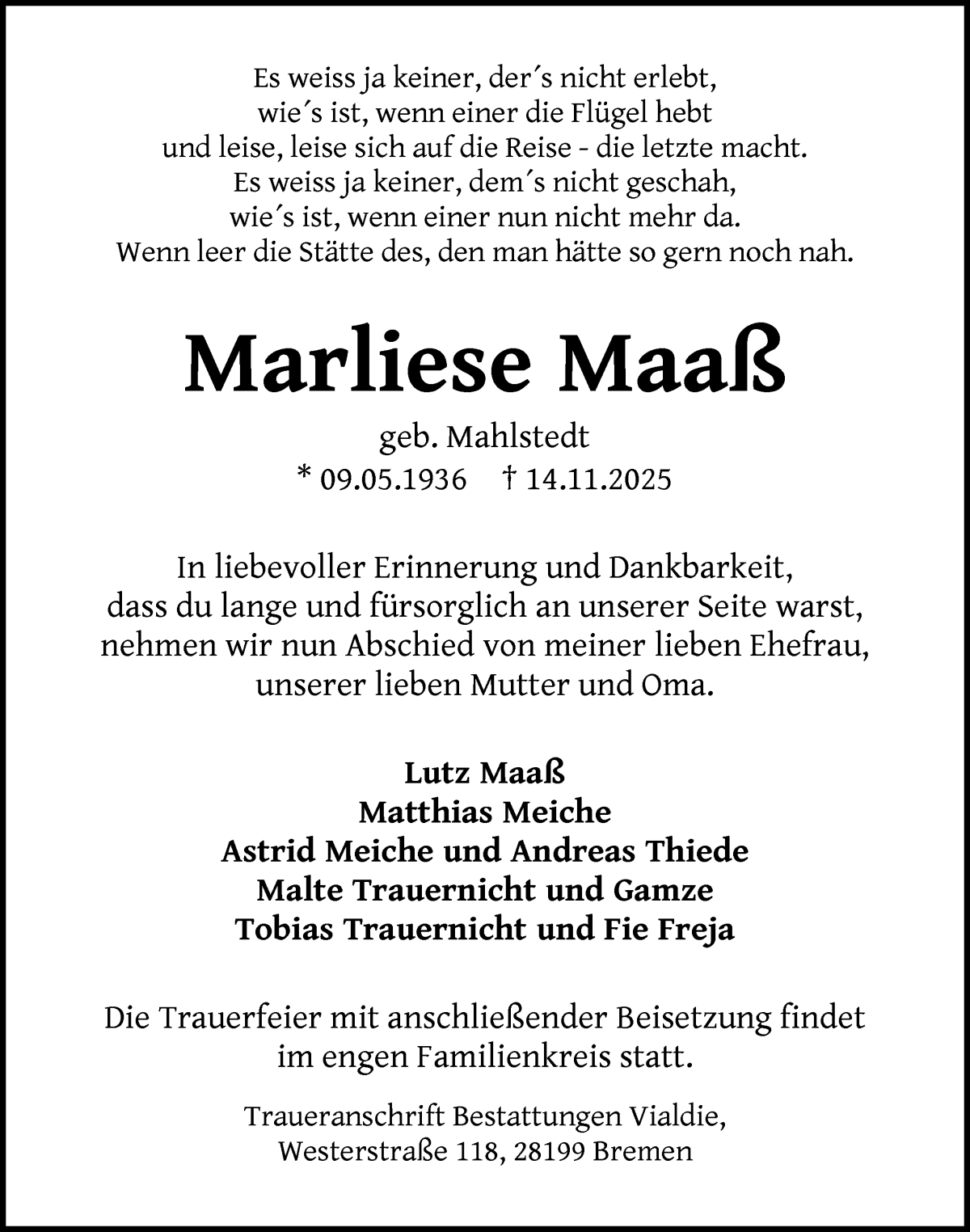 Traueranzeige von Marliese Maaß von WESER-KURIER