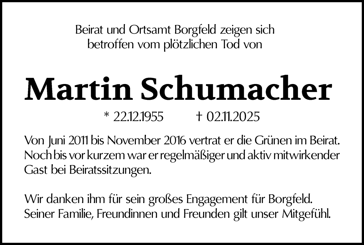 Traueranzeige von Martin Schumacher von Wuemme Zeitung