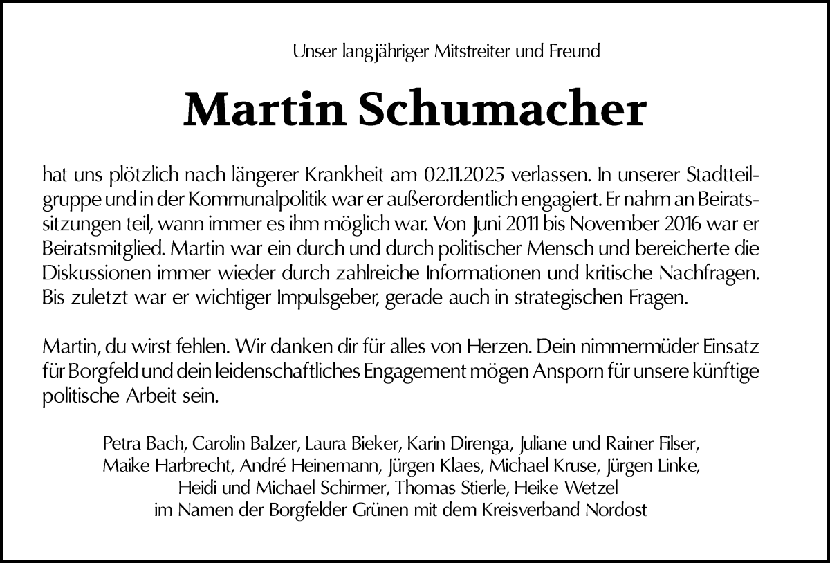 Traueranzeige von Martin Schumacher von Wuemme Zeitung