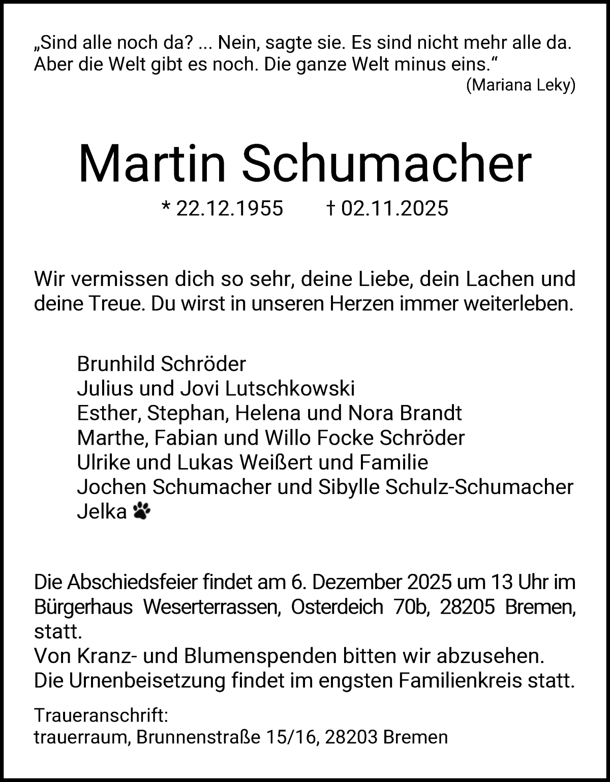 Traueranzeige von Martin Schumacher von Wuemme Zeitung