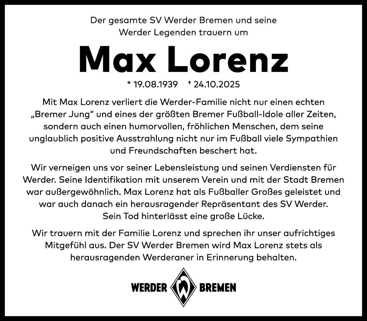 Traueranzeige von Max Lorenz von WESER-KURIER
