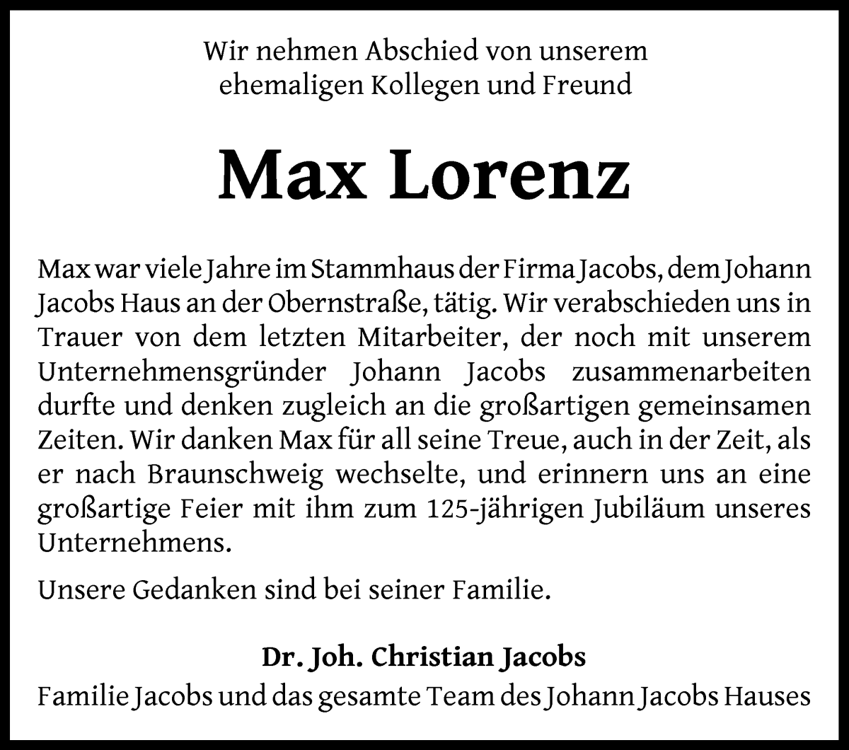 Traueranzeige von Max Lorenz von WESER-KURIER