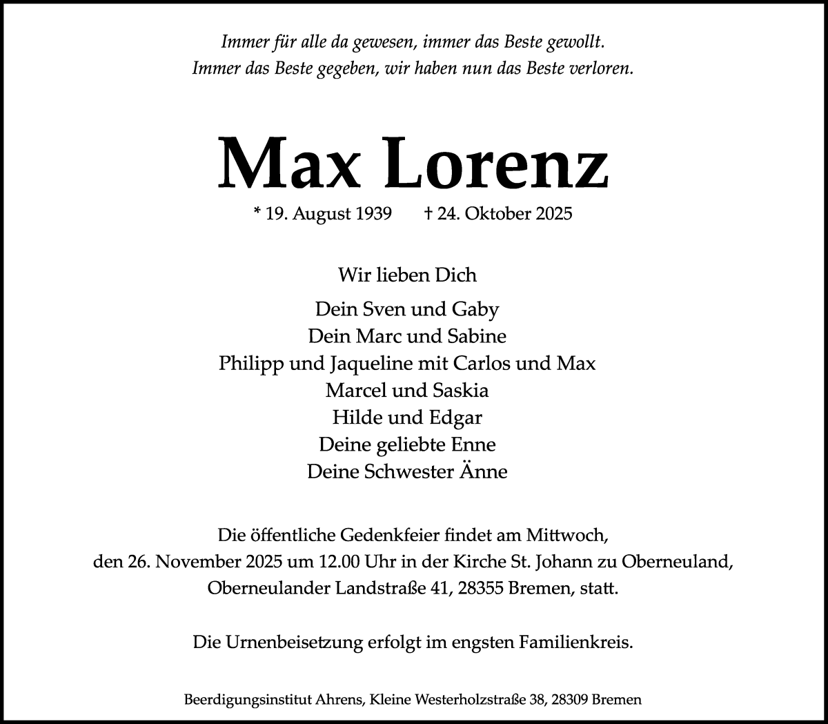 Traueranzeige von Max Lorenz von WESER-KURIER