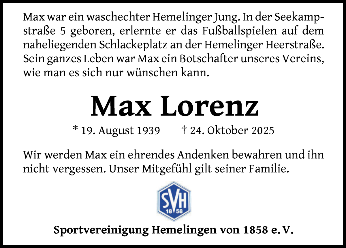 Traueranzeige von Max Lorenz von WESER-KURIER