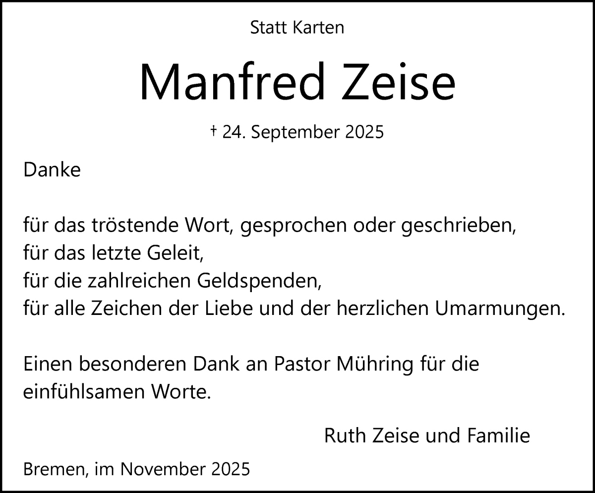  Traueranzeige für Menfred Zeise vom 01.11.2025 aus WESER-KURIER
