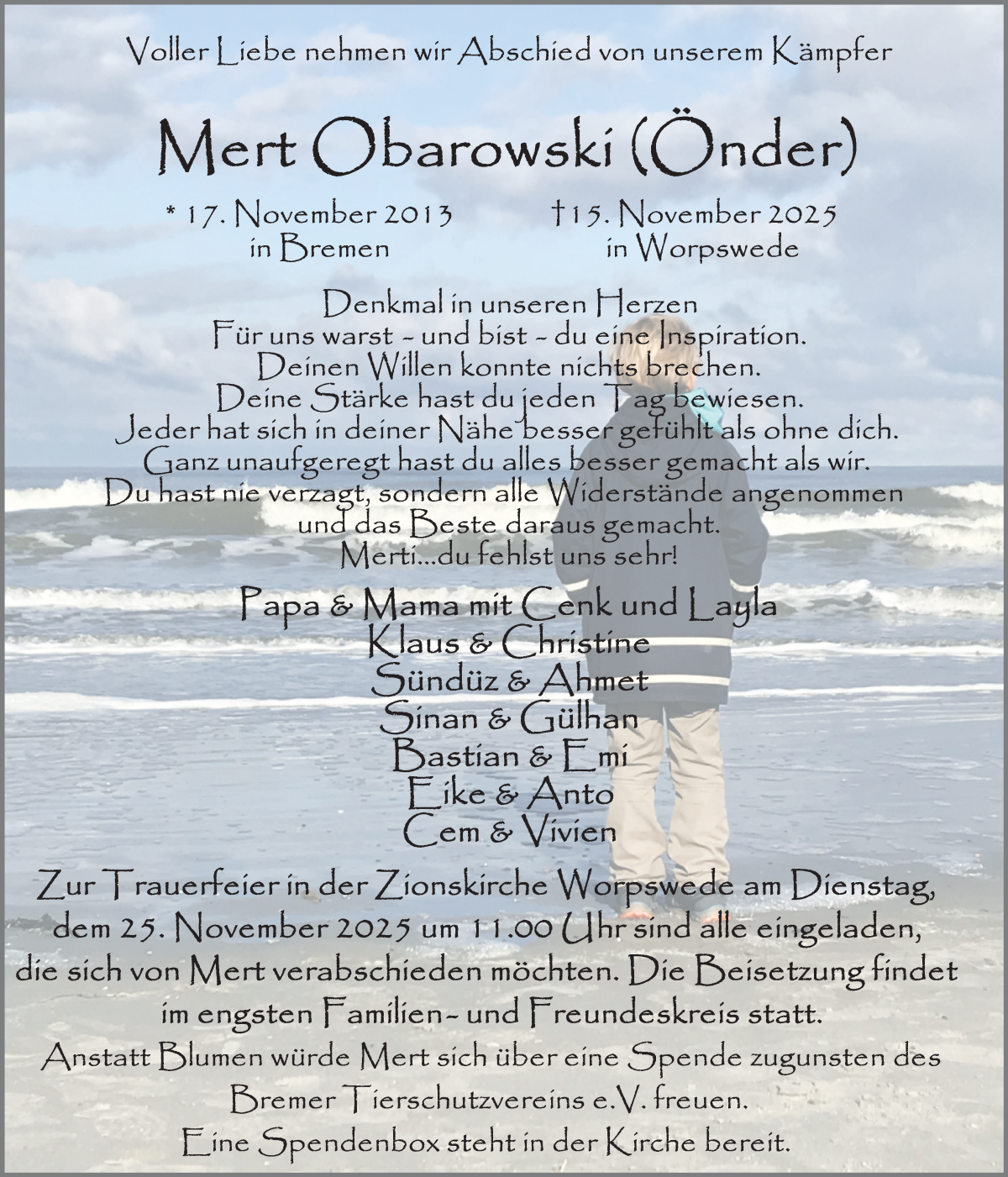 Traueranzeige von Mert Obarowski von Wuemme Zeitung