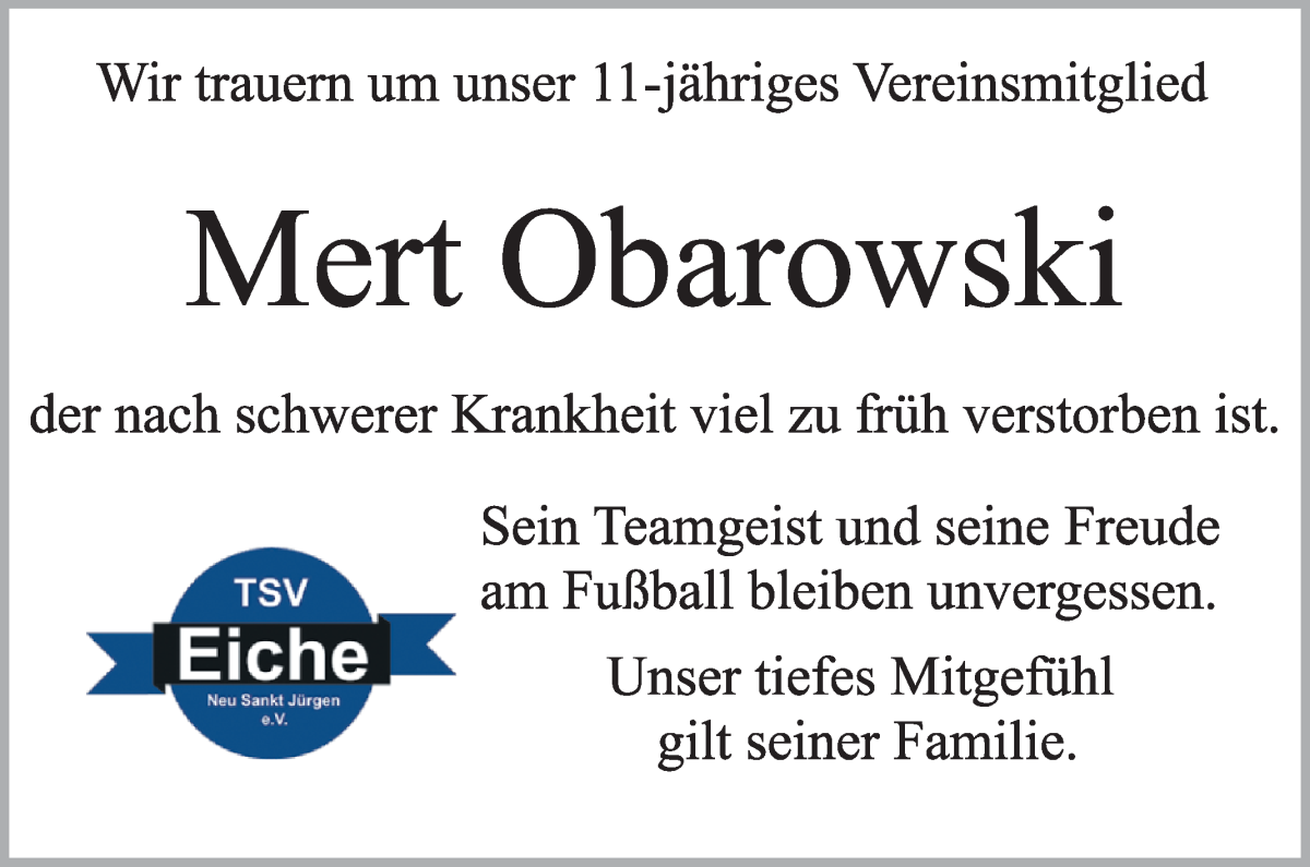 Traueranzeige von Mert Obarowski von Wuemme Zeitung