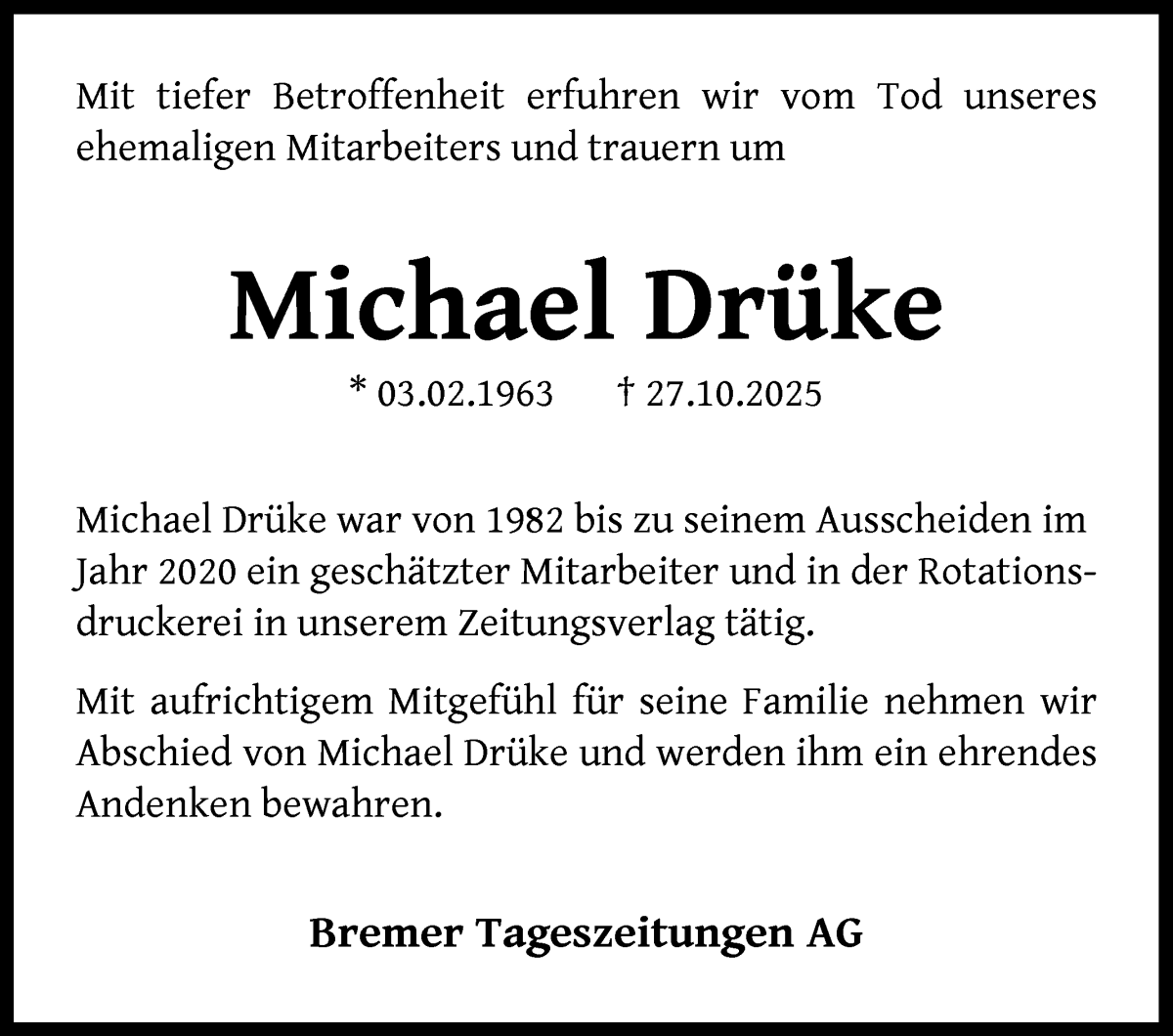 Traueranzeige von Michael Drüke von WESER-KURIER