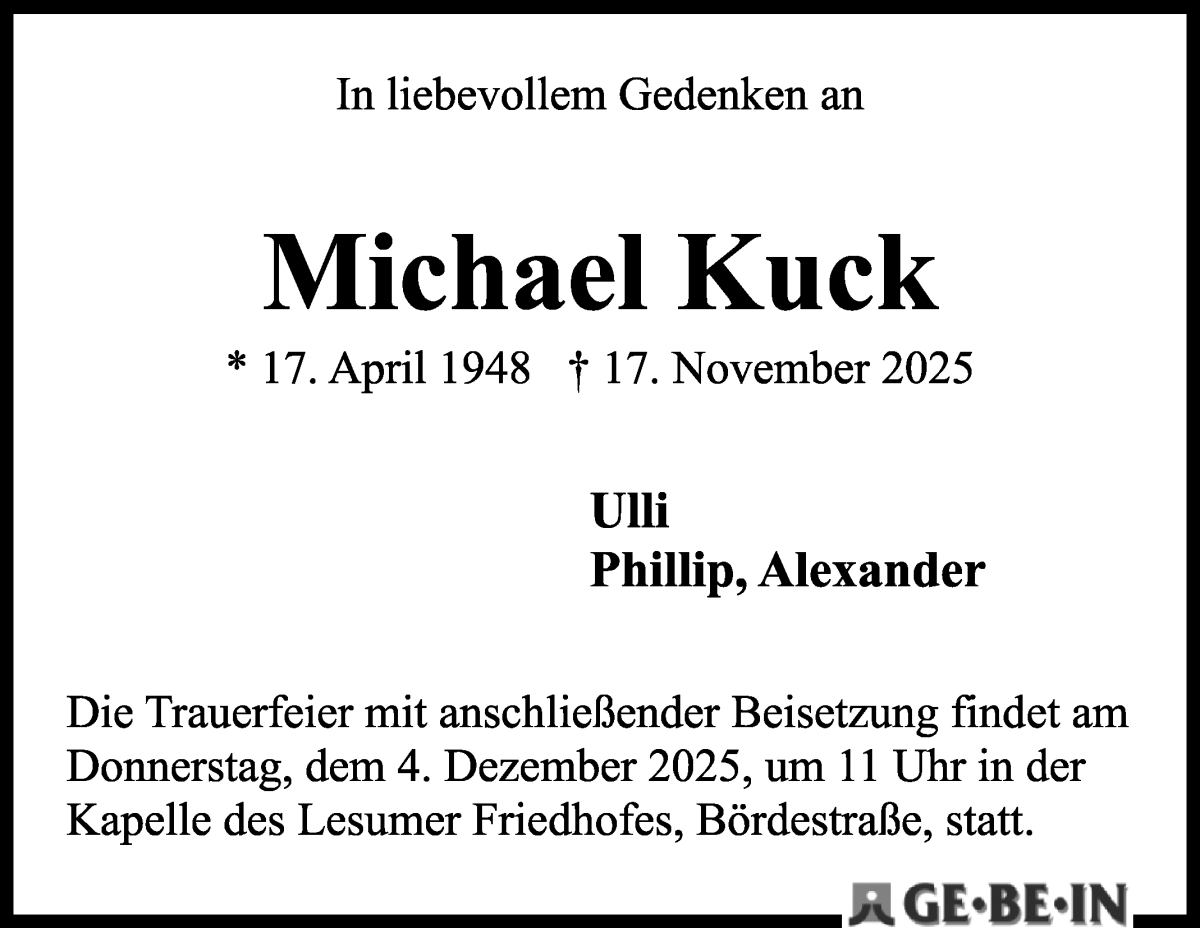 Traueranzeige von Michael Kuck von WESER-KURIER