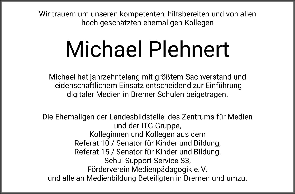 Traueranzeige von Michael Plehnert von WESER-KURIER