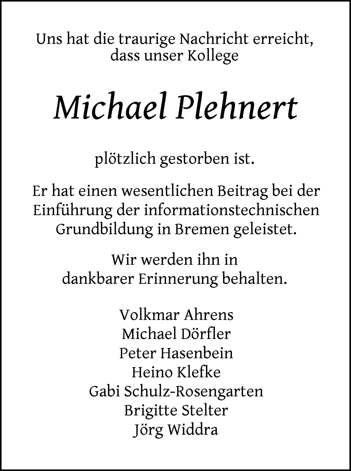 Traueranzeige von Michael Plehnert von WESER-KURIER