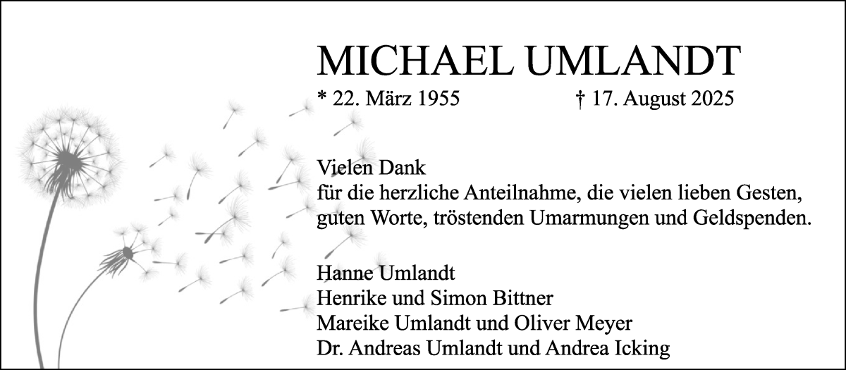Traueranzeige von Michael Umlandt von Regionale Rundschau/Syker Kurier
