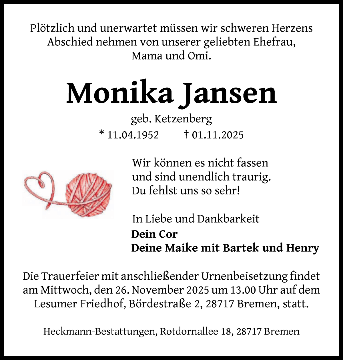  Traueranzeige für Monika Jansen vom 15.11.2025 aus Osterholzer Kreisblatt
