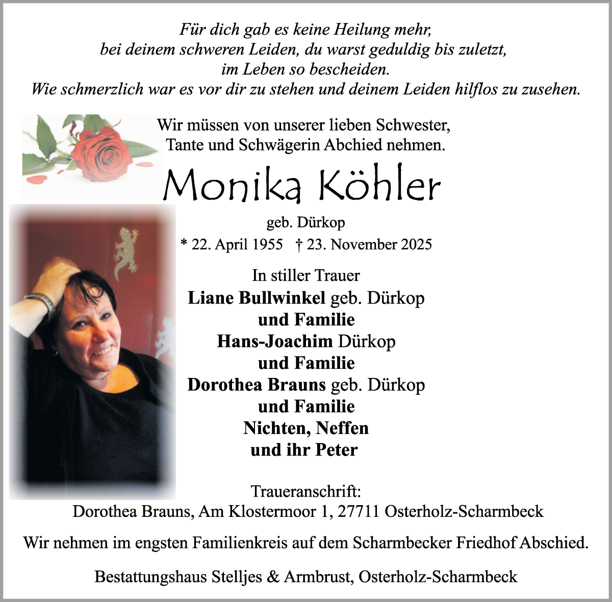 Traueranzeige von Monika Köhler von Osterholzer Kreisblatt