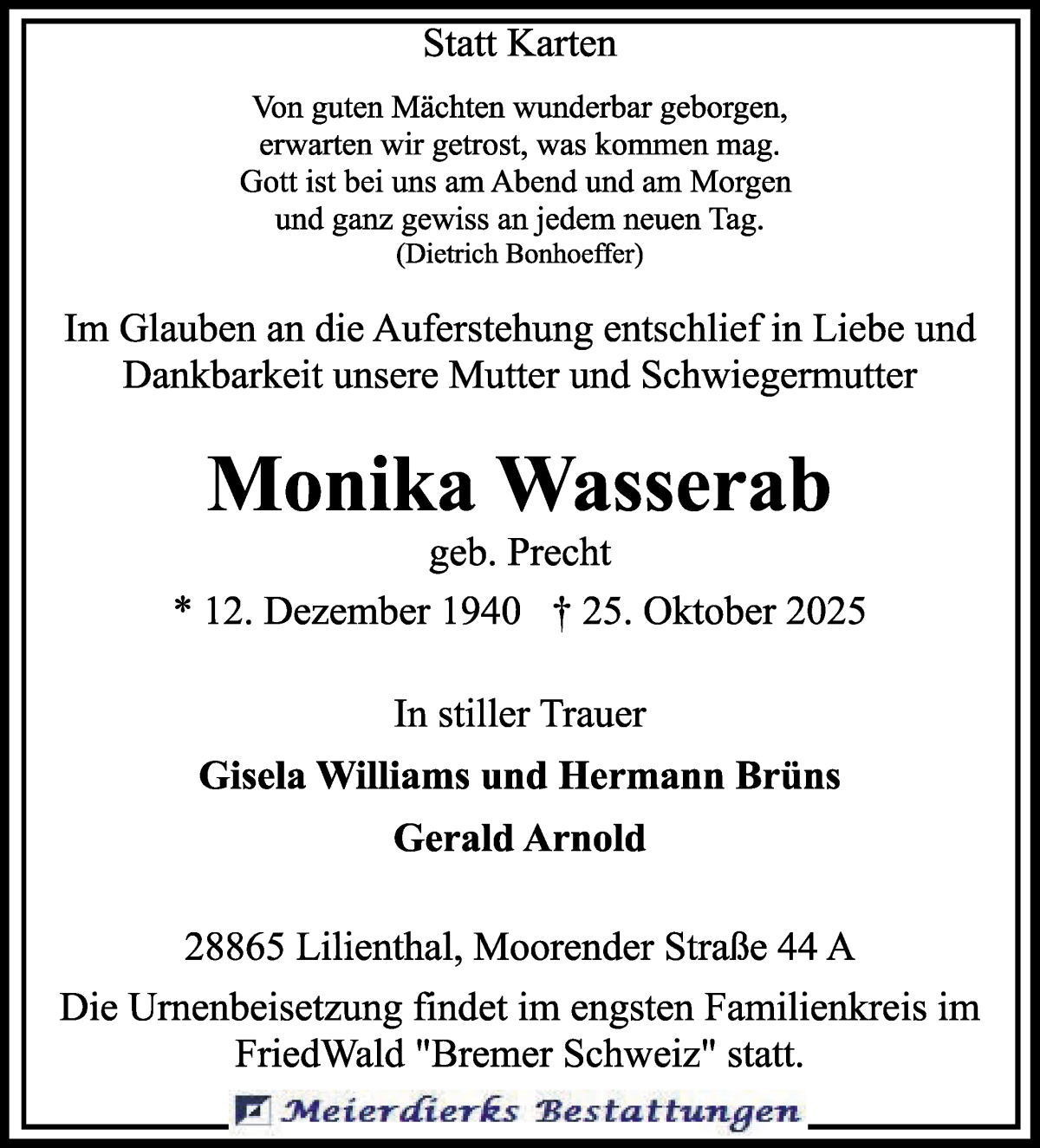 Traueranzeige von Monika Wasserab von Wuemme Zeitung