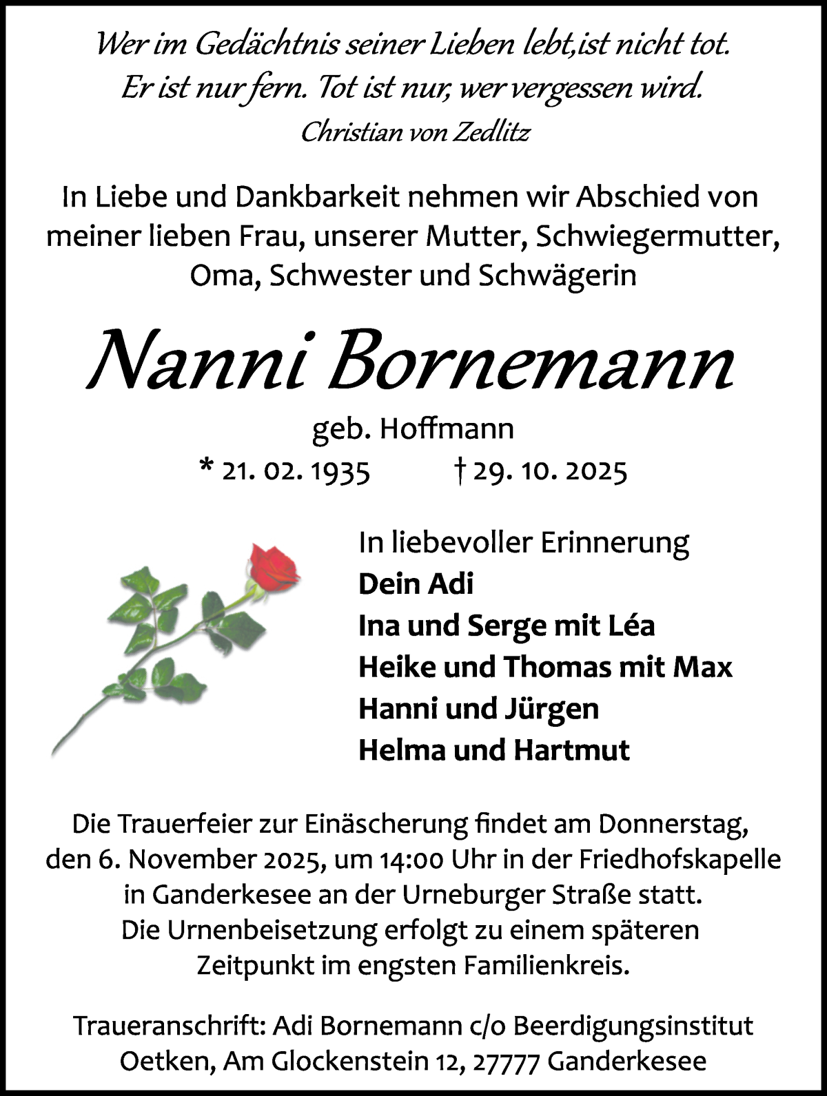  Traueranzeige für Nanni Bornemann vom 03.11.2025 aus WESER-KURIER