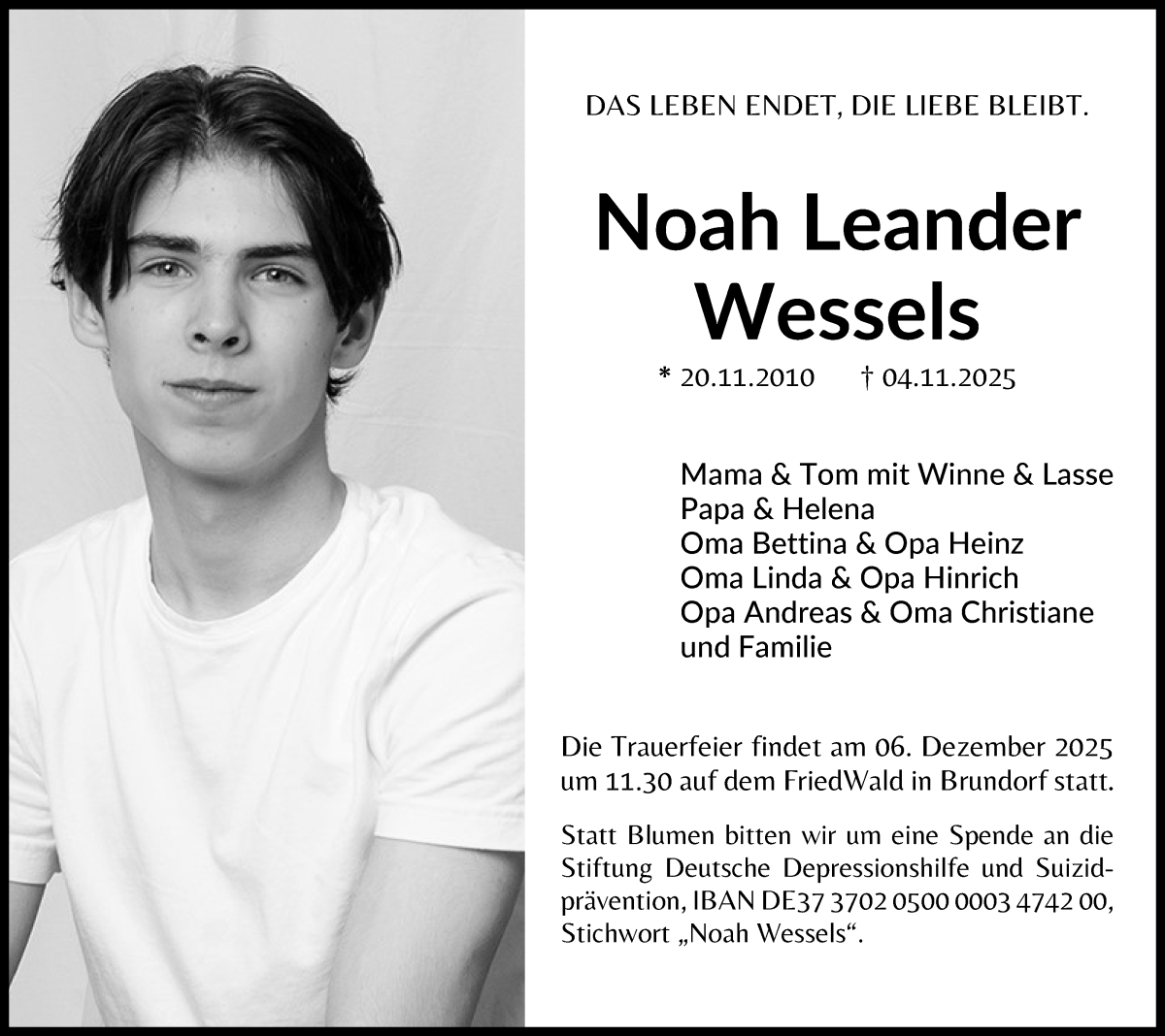 Traueranzeige von Noah Leander Wessels von Die Norddeutsche