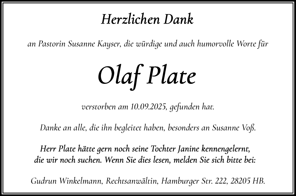 Traueranzeige von Olaf Plate von WESER-KURIER