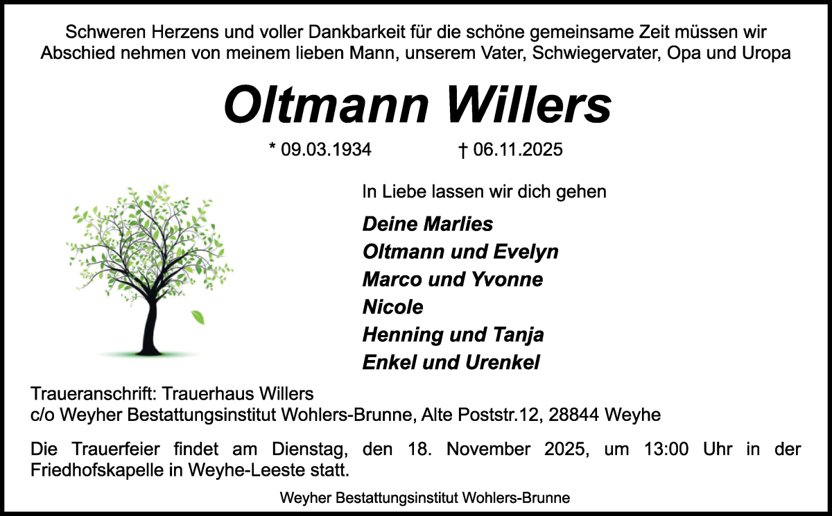 Traueranzeige von Oltmann Willers von WESER-KURIER