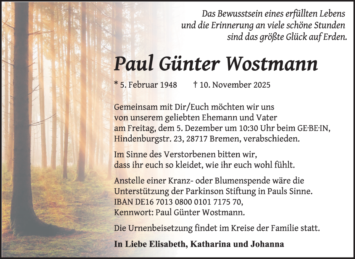Traueranzeige von Paul Günter Wostmann von Die Norddeutsche
