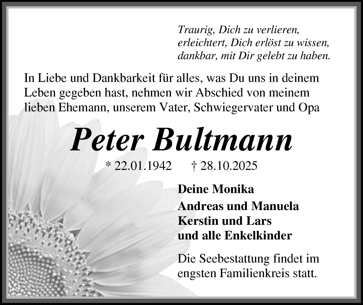 Traueranzeige von Peter Bultmann von Die Norddeutsche