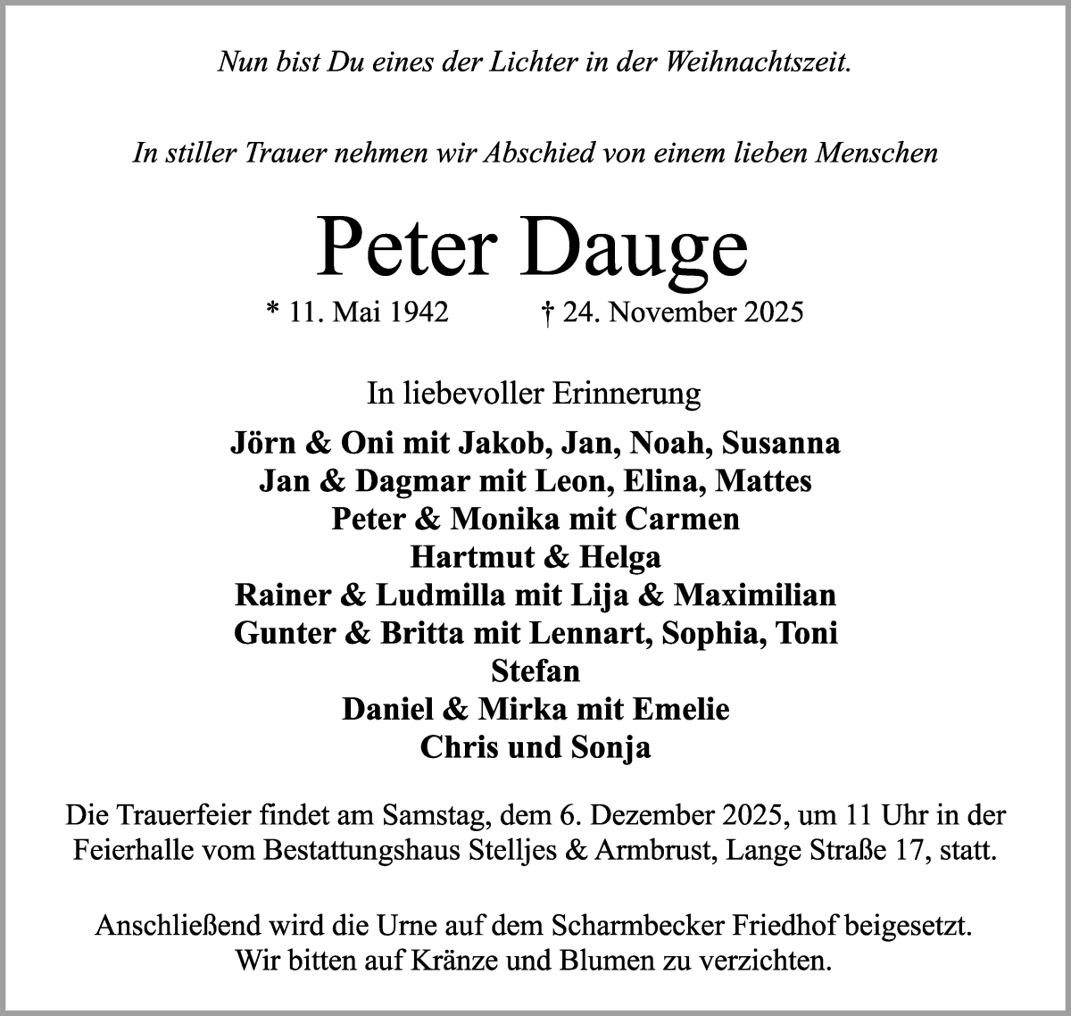 Traueranzeige von Peter Dauge von Osterholzer Kreisblatt