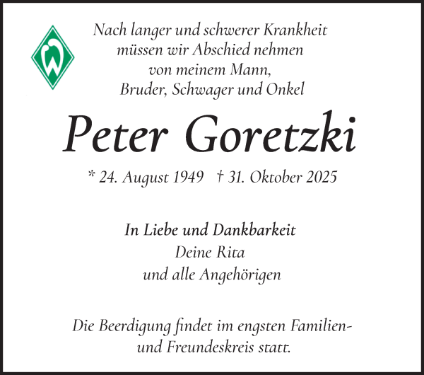 Traueranzeige von Peter Goretzki von WESER-KURIER